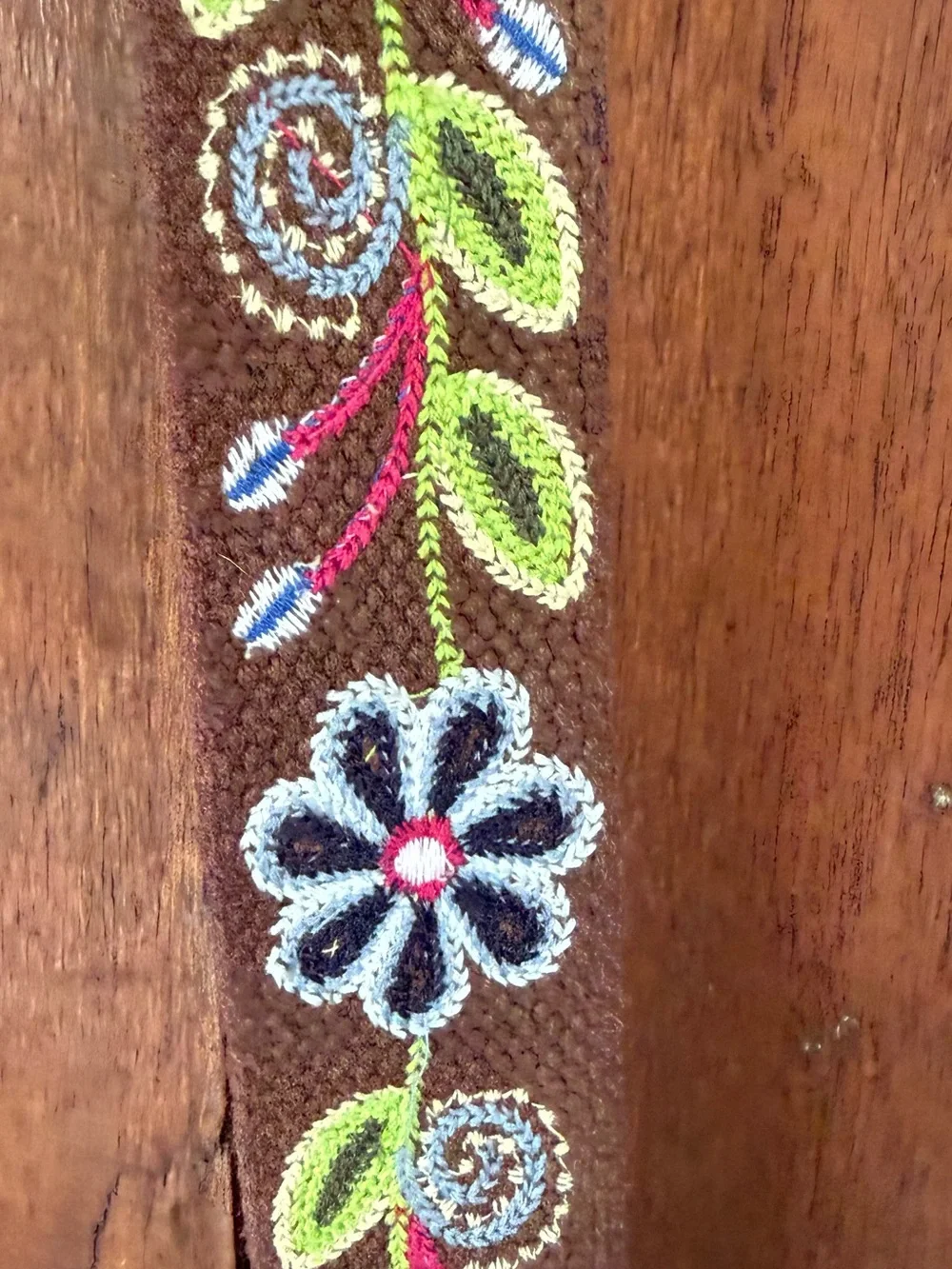 Embroidered Brown Floral Belt with Brass Eyelets